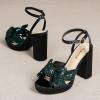 imageAmoji Womens 4 Inch Block Sequin Platform Heels Bowknot Ankle Strap Heeled Sandal Wedding F4304Sequinblackgreen