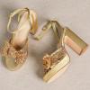 imageAmoji Womens 4 Inch Block Sequin Platform Heels Bowknot Ankle Strap Heeled Sandal Wedding F4304Sequingold