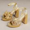 imageAmoji Womens 4 Inch Block Sequin Platform Heels Bowknot Ankle Strap Heeled Sandal Wedding F4304Sequingold