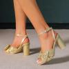 imageAmoji Womens Satin Block Heeled 3 Inch4 Inch Sandal Bowknot Pleated Ankle Strap for Wedding Party Dress Shoes 30237inchsatinshinygold