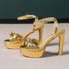 imageWomens Block Heels 4 Inch Platform Braid Knot Ankle Strap Lady Heeled Sandals FZ3194inchpugold