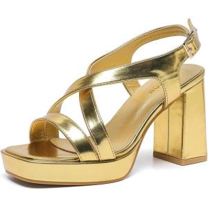 imageAmoji Women 4 Inch Block Heels Platform Cross Strap Chunky Heeled Sandals 3184inchpugold