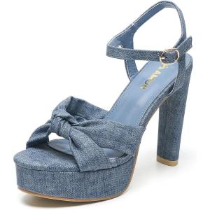 imageAmoji Women 4 Inch Block Platform Heels Braid Knot Lady Heeled Sandals FZ3224inchpudenimblue