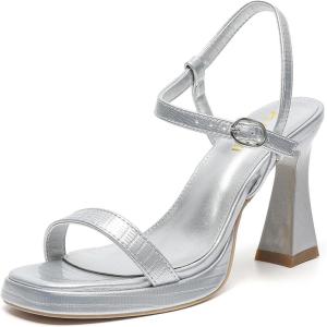 imageAmoji Women 4 Inches Heels Lady Platform Heeled Sandals Ankle Strap FZ323323silver