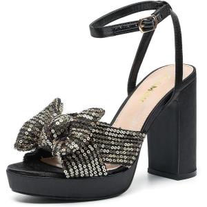 imageAmoji Womens 4 Inch Block Sequin Platform Heels Bowknot Ankle Strap Heeled Sandal Wedding F4304Sequinblackgold