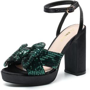 imageAmoji Womens 4 Inch Block Sequin Platform Heels Bowknot Ankle Strap Heeled Sandal Wedding F4304Sequinblackgreen