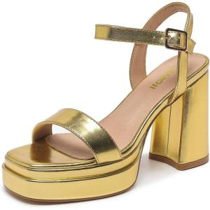 imageAmoji Womens 4 Inch Platform Chunky Heel Ankle Strap Block Heeled Sandals 311Goldpu