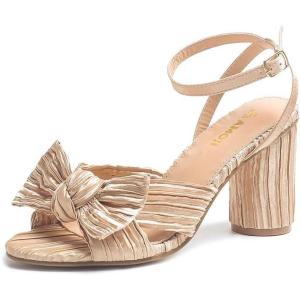 imageAmoji Womens Satin Block Heeled 3 Inch4 Inch Sandal Bowknot Pleated Ankle Strap for Wedding Party Dress Shoes 30237inchsatinchampagne