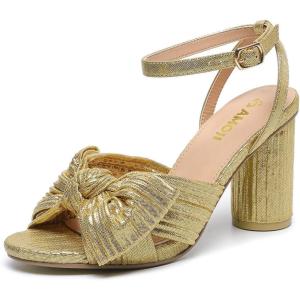 imageAmoji Womens Satin Block Heeled 3 Inch4 Inch Sandal Bowknot Pleated Ankle Strap for Wedding Party Dress Shoes 30237inchsatinshinygold