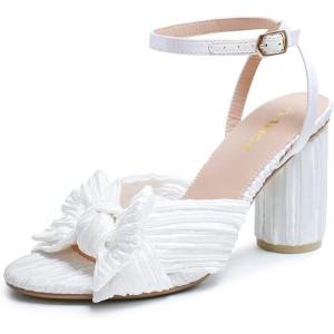 imageAmoji Womens Satin Block Heeled 3 Inch4 Inch Sandal Bowknot Pleated Ankle Strap for Wedding Party Dress Shoes 30237inchsatinwhite