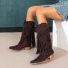 imageAmoji Women Western Cowboy Boots Pointed Toe Cowgirl Knee High Boots Pull On With Zipper 307307browntassels