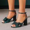 imageAmoji Womens Block Sequin Heeled 37 Inch Sandal Bowknot Ankle Strap Wedding Party Dress Shoes 30437inchsatinblackgreen