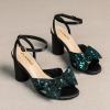 imageAmoji Womens Block Sequin Heeled 37 Inch Sandal Bowknot Ankle Strap Wedding Party Dress Shoes 30437inchsatinblackgreen