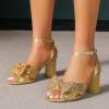 imageAmoji Womens Block Sequin Heeled 37 Inch Sandal Bowknot Ankle Strap Wedding Party Dress Shoes 30437inchsatingold
