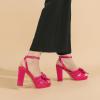 imageAmoji Womens Chunky Platform Heels 4 Bowknot Heeled Sandal Wedding With Ankle Strap 302F4Fuchsiasatin