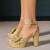 imageAmoji Womens Chunky Platform Heels 4 Bowknot Heeled Sandal Wedding With Ankle Strap 302F4Shinygoldsatin