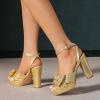 imageAmoji Womens Chunky Platform Heels 4 Bowknot Heeled Sandal Wedding With Ankle Strap 302F4Shinygoldsatin