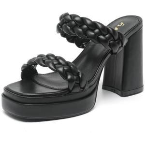 imageAmoji Women 4 Inch Platform Chunky Heels Two Strap Slip On Heeled Braided Sandals 314314black