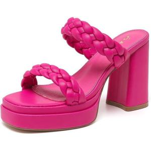 imageAmoji Women 4 Inch Platform Chunky Heels Two Strap Slip On Heeled Braided Sandals 314314fuchsia