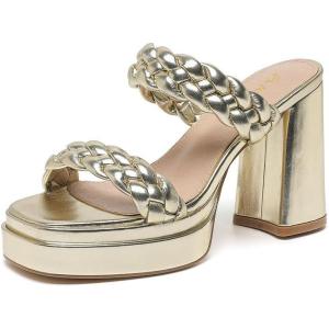 imageAmoji Women 4 Inch Platform Chunky Heels Two Strap Slip On Heeled Braided Sandals 314314gold