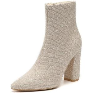 imageAmoji Women 4 Inch Rhinestone Heeled Boots Pointed Toe Chunky Boot With ZipperSequinbeige