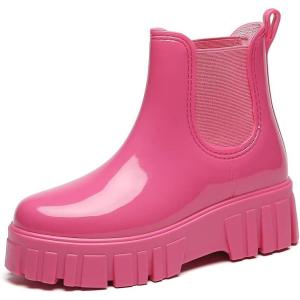 imageAmoji Women Chelsea Rain Boots Cute Chunky Platform Rainboots Lady Wellies Women Rubber Boots Pink Szie 885