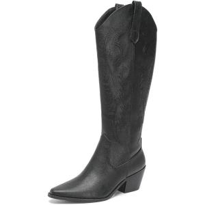 imageAmoji Women Western Cowboy Boots Pointed Toe Cowgirl Knee High Boots Pull On With Zipper 307307black