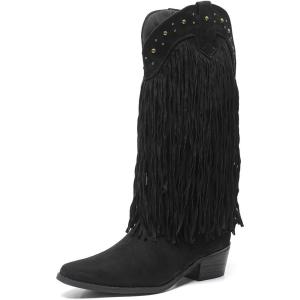imageAmoji Women Western Cowboy Boots Pointed Toe Cowgirl Knee High Boots Pull On With Zipper 307307blacktassels
