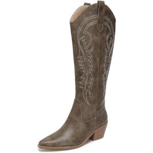 imageAmoji Women Western Cowboy Boots Pointed Toe Cowgirl Knee High Boots Pull On With Zipper 307307brown