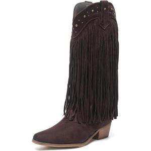 imageAmoji Women Western Cowboy Boots Pointed Toe Cowgirl Knee High Boots Pull On With Zipper 307307browntassels