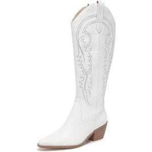 imageAmoji Women Western Cowboy Boots Pointed Toe Cowgirl Knee High Boots Pull On With Zipper 307307white