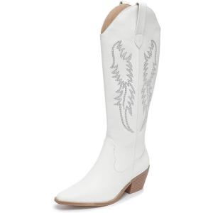 imageAmoji Women Western Cowboy Boots Pointed Toe Cowgirl Knee High Boots Pull On With Zipper 307307whiterhinestones
