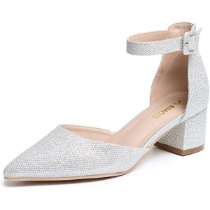 imageAmoji Womens 2 inch Pumps Pointed Toe Block Heels Dress Shoes with Ankle Strap 412Silverglitter