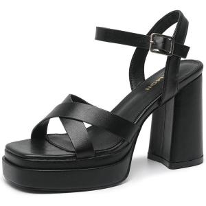 imageAmoji Womens 4 Inch Platform Chunky Heel Cross Straps Block Y2K Heeled Sandals 312Black