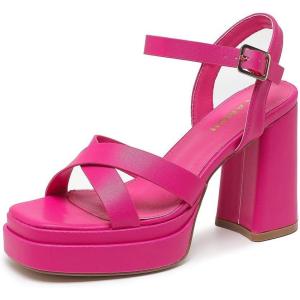 imageAmoji Womens 4 Inch Platform Chunky Heel Cross Straps Block Y2K Heeled Sandals 312Fuchsia