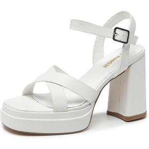 imageAmoji Womens 4 Inch Platform Chunky Heel Cross Straps Block Y2K Heeled Sandals 312White