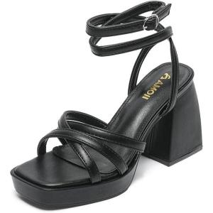 imageAmoji Womens 4 Inch Platform Chunky Heel Strappy Ankle Strap Block Heeled Sandals 305Publack