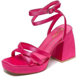 imageAmoji Womens 4 Inch Platform Chunky Heel Strappy Ankle Strap Block Heeled Sandals 305Satinfuchsia