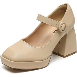 imageAmoji Womens 4 Inch Platform Mary Janes Shoes High Chunky Heels Bridal Dress Wedding Party Pump Shoes 306Nudepu