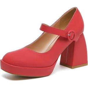 imageAmoji Womens 4 Inch Platform Mary Janes Shoes High Chunky Heels Bridal Dress Wedding Party Pump Shoes 306Redpu