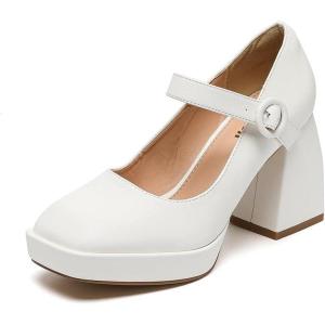 imageAmoji Womens 4 Inch Platform Mary Janes Shoes High Chunky Heels Bridal Dress Wedding Party Pump Shoes 306Whitepu
