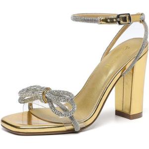 imageAmoji Womens 4 Inch Rhinestone Bowknots Block Heeled Crystal Sandal Ankle Strap Clear Heels 3154inchpugold