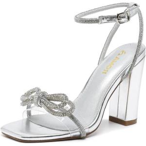 imageAmoji Womens 4 Inch Rhinestone Bowknots Block Heeled Crystal Sandal Ankle Strap Clear Heels 3154inchpusilver