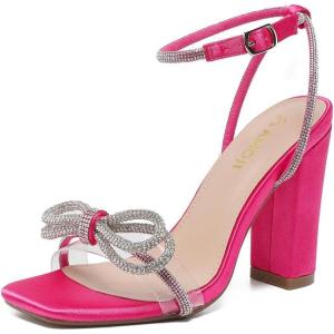 imageAmoji Womens 4 Inch Rhinestone Bowknots Block Heeled Crystal Sandal Ankle Strap Clear Heels 3154inchsatinrose
