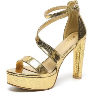 imageAmoji Womens Block Heels 4 Inch Platform Ankle Strap Lady Heeled Sandals FZ3254inchpugold