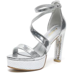 imageAmoji Womens Block Heels 4 Inch Platform Ankle Strap Lady Heeled Sandals FZ3254inchpusilver