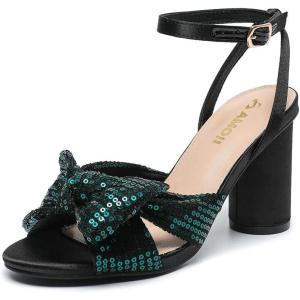 imageAmoji Womens Block Sequin Heeled 37 Inch Sandal Bowknot Ankle Strap Wedding Party Dress Shoes 30437inchsatinblackgreen