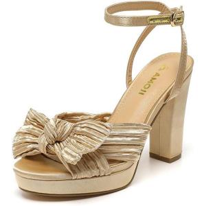 imageAmoji Womens Chunky Platform Heels 4 Bowknot Heeled Sandal Wedding With Ankle Strap 302F4Champagnesatin
