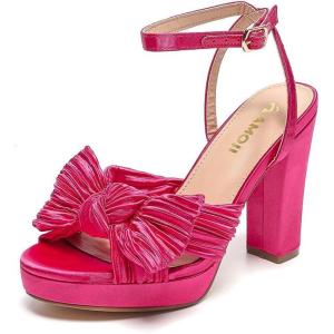 imageAmoji Womens Chunky Platform Heels 4 Bowknot Heeled Sandal Wedding With Ankle Strap 302F4Fuchsiasatin