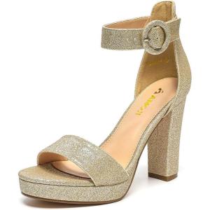 imageAmoji Womens Chunky Platform Heels 4 Bowknot Heeled Sandal Wedding With Ankle Strap 302F4Goldglitter